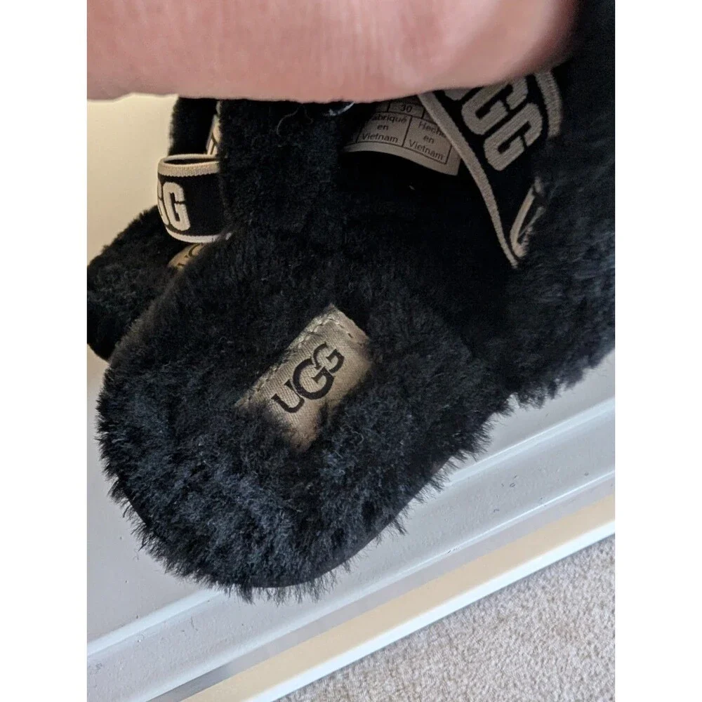 Ugg Toddler Girl's Fluff Yeah Sheepskin Slingbacks Clogs Slides Sandals Black 12
